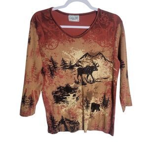 Cactus Bay Moose Print Top Women's Medium M Orange Country Cotton 3/4 Sleeve USA